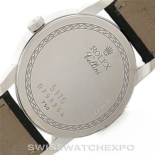 The image shows the back of a Rolex Cellini 5116 Men's White Gold Grey Dial 5116 Men's White Gold Grey Dial watch, including the case back, crown, and parts of the leather strap.