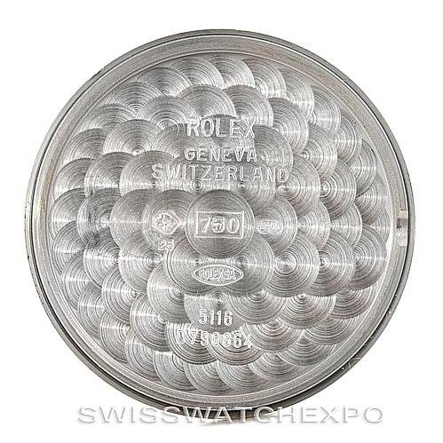 This image shows the case back interior of a Rolex Cellini 5116 Men's White Gold Grey Dial 5116 Men's White Gold Grey Dial model, highlighting the engraved details and hallmarks.