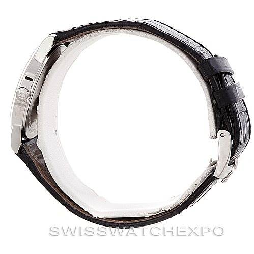 The image shows a side view of the Rolex Cellini 5116 Men's White Gold Grey Dial 5116 Men's White Gold Grey Dial watch, highlighting the leather strap, buckle, and case side with the crown.