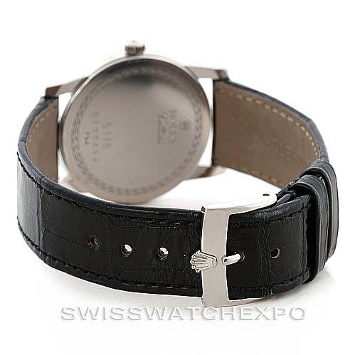 The image shows the back of the Rolex Cellini 5116 Men's White Gold Grey Dial 5116 Men's White Gold Grey Dial watch, highlighting its leather strap and clasp from a rear angle.