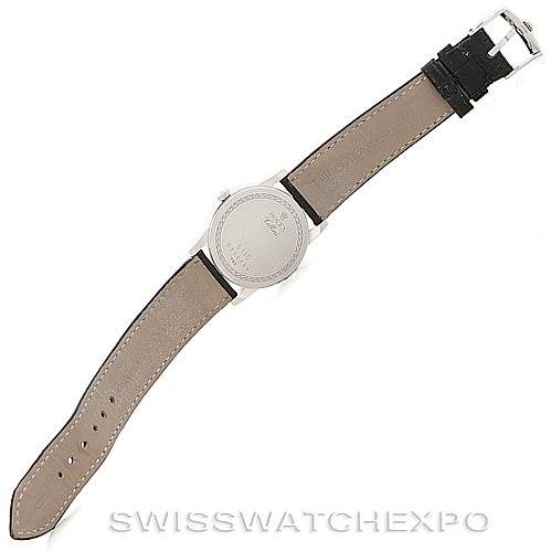 The Rolex Cellini 5116 Men's White Gold Grey Dial 5116 Men's White Gold Grey Dial watch is shown from the back, displaying its leather strap and case back in an overhead view.