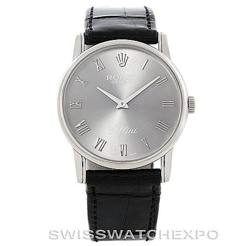 This Rolex Cellini 5116 Men's White Gold Grey Dial 5116 Men's White Gold Grey Dial watch is shown from the front, displaying its Roman numeral dial, hands, case, and black leather strap.