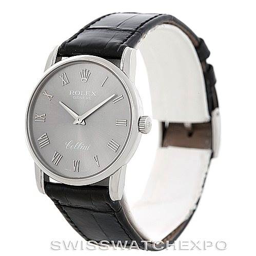 The image shows a Rolex Cellini 5116 Men's White Gold Grey Dial 5116 Men's White Gold Grey Dial watch at a three-quarter angle, displaying the dial and leather strap.