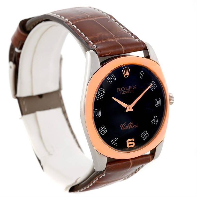 The image shows a Rolex Cellini 4233 Men's White Gold Black Dial 4233 Men's White Gold Black Dial watch from a 3/4 angle, highlighting its face, case, and leather strap.