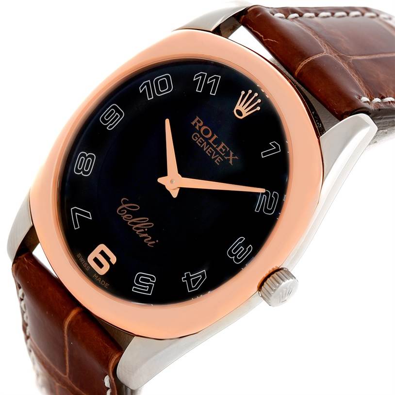 The image shows a Rolex Cellini 4233 Men's White Gold Black Dial 4233 Men's White Gold Black Dial watch from a tilted front angle, highlighting the dial, bezel, and a portion of the leather strap.