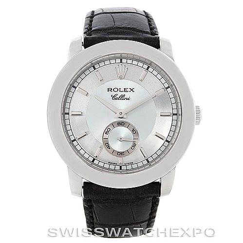 The image shows a front view of a Rolex Cellini 5241 Men
s Platinum Blue Dial 5241 Men
s Platinum Blue Dial watch with a white dial, black leather strap, and silver-tone case.