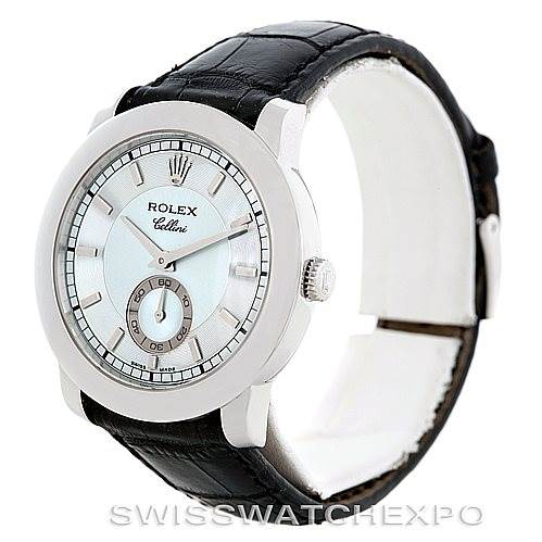 The Rolex Cellini 5241 Men
s Platinum Blue Dial 5241 Men
s Platinum Blue Dial watch is shown from a front angle, displaying its dial, bezel, crown, and black leather strap.