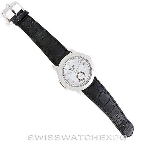 This image shows the Rolex Cellini 5241 Men
s Platinum Blue Dial 5241 Men
s Platinum Blue Dial watch from a top-down angle, displaying the dial, case, and black alligator leather strap.