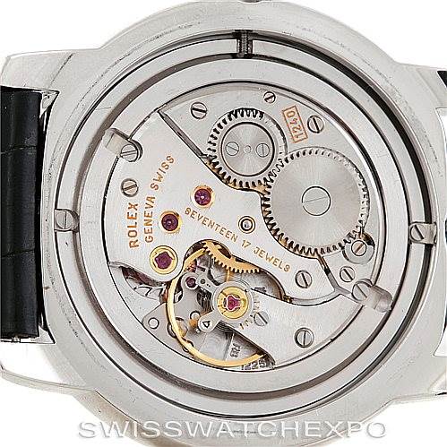 This image shows the inner mechanical movement of the Rolex Cellini 5241 Men
s Platinum Blue Dial 5241 Men
s Platinum Blue Dial watch from a direct back view, revealing intricate gears and components.