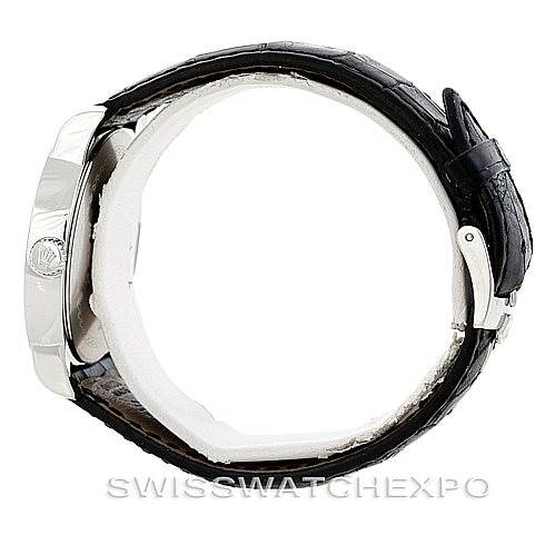 This image shows a side profile of a Rolex Cellini 5241 Men
s Platinum Blue Dial 5241 Men
s Platinum Blue Dial watch, highlighting its case and leather strap.