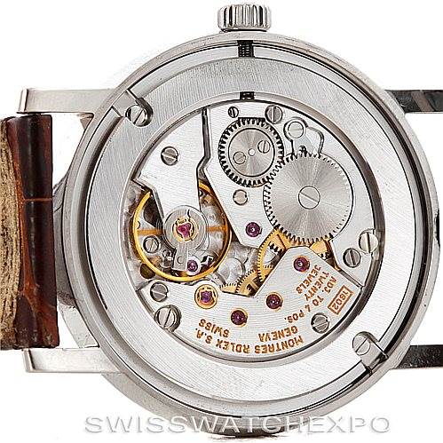 This image shows the back view of a Rolex Cellini 5115 Men's White Gold Brown Dial 5115 Men's White Gold Brown Dial watch, revealing its intricate mechanical movement.