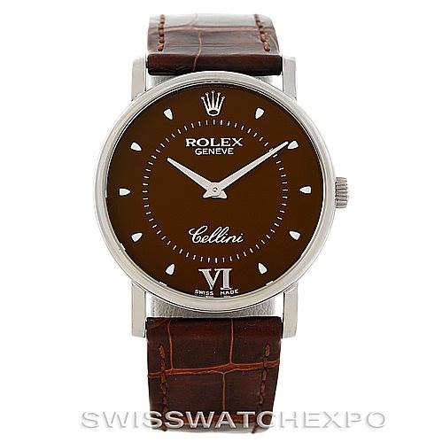 The image shows the front view of a Rolex Cellini 5115 Men's White Gold Brown Dial 5115 Men's White Gold Brown Dial watch with a brown dial and a brown leather strap.