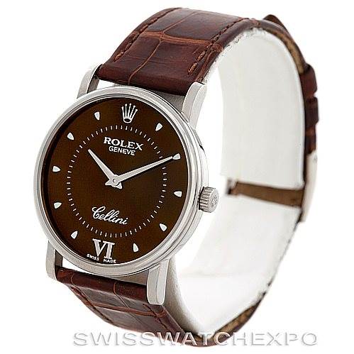 The image shows a Rolex Cellini 5115 Men's White Gold Brown Dial 5115 Men's White Gold Brown Dial watch from an angled front view, highlighting its brown dial and leather strap.