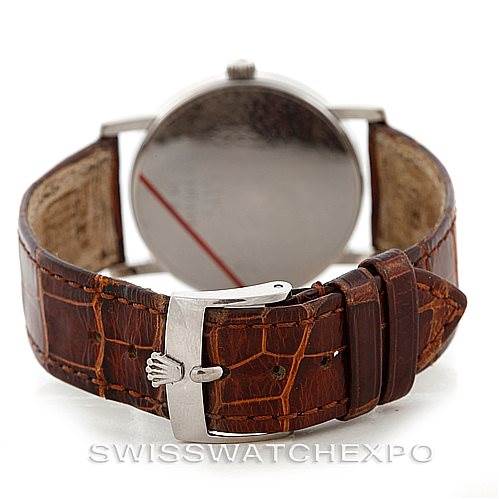 The image shows the back view of a Cellini model by Rolex, highlighting the leather strap and clasp.