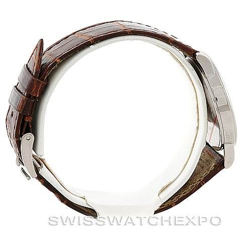 This image shows a side view of a Rolex Cellini 5115 Men's White Gold Brown Dial 5115 Men's White Gold Brown Dial watch with a brown leather strap and a metal buckle.