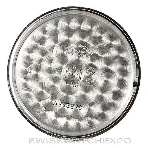 This image shows the inside case back of a Rolex Cellini 5115 Men's White Gold Brown Dial 5115 Men's White Gold Brown Dial watch, displaying engravings and hallmarks.