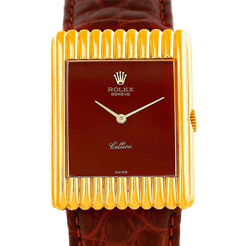 The image shows a front view of the Rolex Cellini 4016 Men's Yellow Gold Brown Dial 4016 Men's Yellow Gold Brown Dial watch, highlighting its rectangular golden bezel with a brown leather strap.