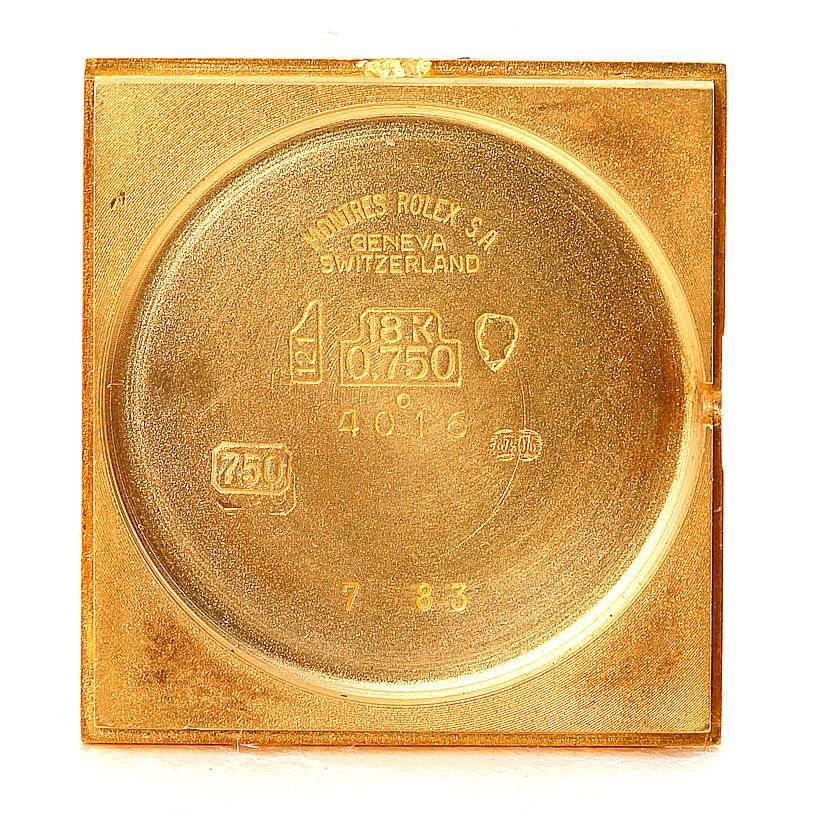 This is the inside of the back case of a Rolex Cellini 4016 Men's Yellow Gold Brown Dial 4016 Men's Yellow Gold Brown Dial watch, showing gold hallmarks and model engravings.