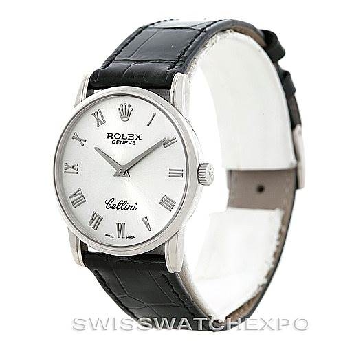 The image shows a Rolex Cellini 5116 Men's White Gold Silver Dial 5116 Men's White Gold Silver Dial watch at a 3/4 angle, highlighting the face, bezel, lugs, and leather strap.