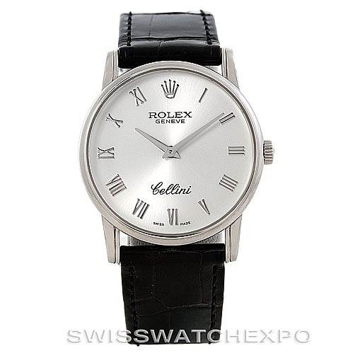 This image shows a front view of the Rolex Cellini 5116 Men's White Gold Silver Dial 5116 Men's White Gold Silver Dial watch, displaying the dial, hands, Roman numerals, crown, and leather strap.