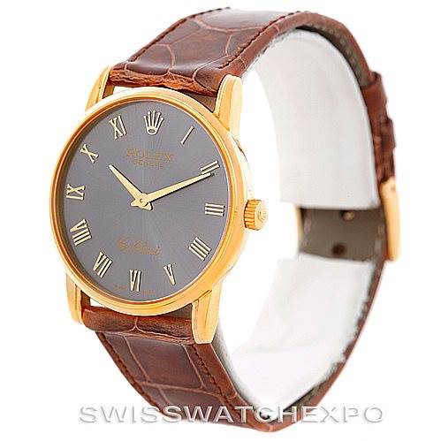 The image shows a side view of a Rolex Cellini 5116 Men's Yellow Gold Grey Dial 5116 Men's Yellow Gold Grey Dial watch featuring a gold case, brown leather strap, and a gray dial with Roman numerals.