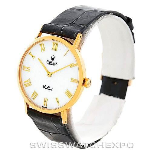 This image shows a Rolex Cellini 4112 Men's Yellow Gold White Dial 4112 Men's Yellow Gold White Dial watch from a front and slight side angle, highlighting its black leather strap and gold case.