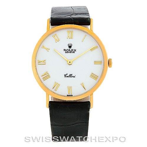 The image shows a Rolex Cellini 4112 Men's Yellow Gold White Dial 4112 Men's Yellow Gold White Dial watch from the front, displaying the face, golden round bezel, and black leather strap.