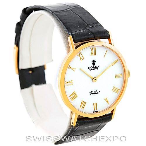 The image shows a Rolex Cellini 4112 Men's Yellow Gold White Dial 4112 Men's Yellow Gold White Dial watch at a three-quarter angle, highlighting its white dial, gold case, and black leather strap.