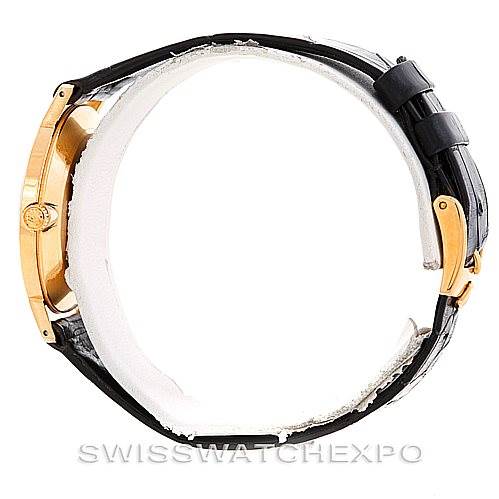 The image shows a side view of a Rolex Cellini 4112 Men's Yellow Gold White Dial 4112 Men's Yellow Gold White Dial watch, highlighting the gold case and black leather strap.