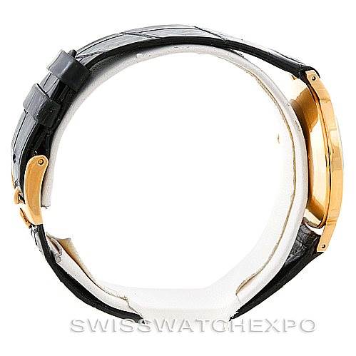 The image shows a side profile of the Rolex Cellini 4112 Men's Yellow Gold White Dial 4112 Men's Yellow Gold White Dial watch, featuring its black leather strap and gold case.