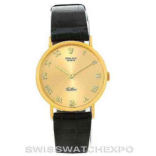 This is a front view of a Rolex Cellini 4112 Men's Yellow Gold Champagne Dial 4112 Men's Yellow Gold Champagne Dial watch showing the face, gold case, and black leather strap.