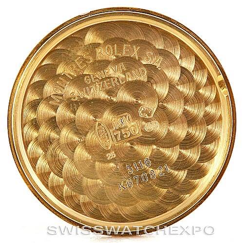 The image shows the inside case back of a Rolex Cellini 5116 Men's Yellow Gold Champagne Dial 5116 Men's Yellow Gold Champagne Dial watch, featuring inscriptions and hallmarks.