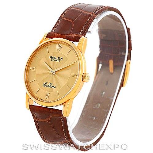 The image shows a front angle of a Rolex Cellini 5116 Men's Yellow Gold Champagne Dial 5116 Men's Yellow Gold Champagne Dial watch with a gold dial and brown leather strap.