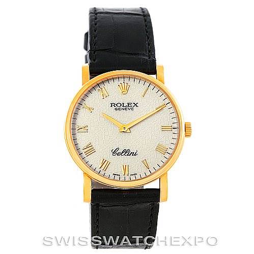 This image shows a front-facing view of a Rolex Cellini 5115 Men's Yellow Gold  5115 Men's Yellow Gold  watch, displaying its round dial, gold case, and black leather strap.