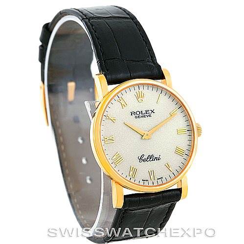 The image shows a Rolex Cellini 5115 Men's Yellow Gold  5115 Men's Yellow Gold  model watch at a slight angle displaying the face, strap, and side crown.