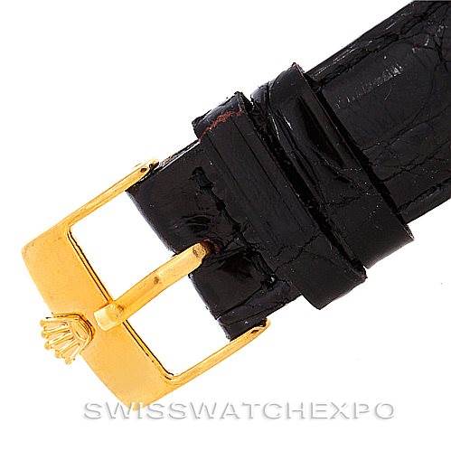 The image shows a close-up of the buckle and part of the leather strap of a Rolex Cellini 4016 Men's Yellow Gold Champagne Dial 4016 Men's Yellow Gold Champagne Dial watch.