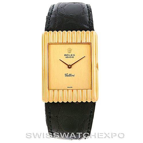 The image shows a Rolex Cellini 4016 Men's Yellow Gold Champagne Dial 4016 Men's Yellow Gold Champagne Dial watch from a top-down angle, highlighting its rectangular gold case, dial, and black leather strap.
