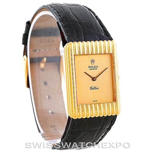 This image shows a Rolex Cellini 4016 Men's Yellow Gold Champagne Dial 4016 Men's Yellow Gold Champagne Dial watch from a front angle, highlighting its gold rectangular case and black leather strap.