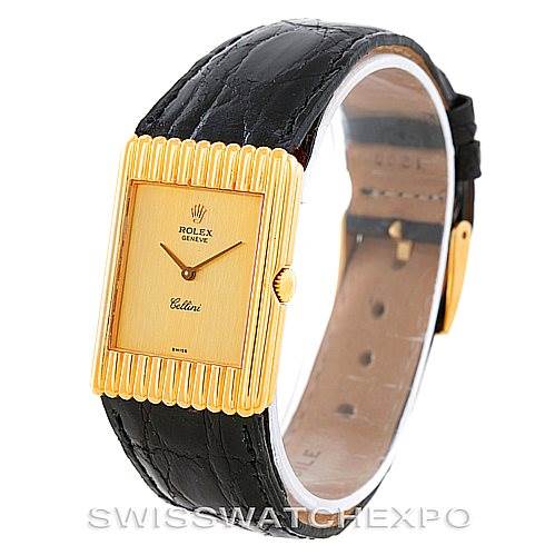 The image shows a Rolex Cellini 4016 Men's Yellow Gold Champagne Dial 4016 Men's Yellow Gold Champagne Dial watch with a gold rectangular case, a black leather strap, and a side view of the crown.
