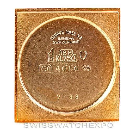 This image shows the inside case back of a Rolex Cellini 4016 Men's Yellow Gold Champagne Dial 4016 Men's Yellow Gold Champagne Dial model, indicating 18K gold and various hallmarks.