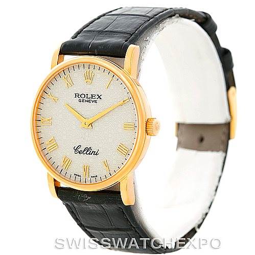 This image shows a Rolex Cellini 5115 Men
s Yellow Gold Beige Dial 5115 Men
s Yellow Gold Beige Dial watch from a front angle, displaying the dial, hands, and a black leather strap.