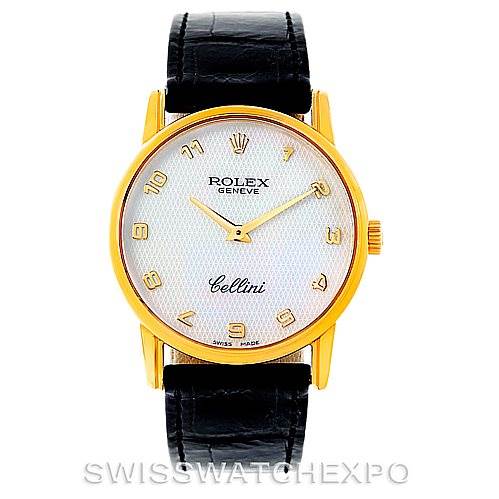 This Rolex Cellini 5116 Men's Yellow Gold Mother of Pearl Dial 5116 Men's Yellow Gold Mother of Pearl Dial model watch is shown from the front, displaying its face, gold hour markers, and black leather strap.
