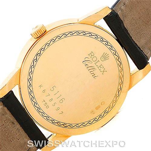 The image shows the back of a Rolex Cellini 5116 Men's Yellow Gold Mother of Pearl Dial 5116 Men's Yellow Gold Mother of Pearl Dial watch, highlighting the case back, brand, model, and some serial numbers.