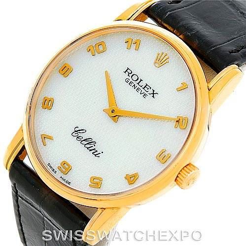 This image shows a Rolex Cellini 5116 Men's Yellow Gold Mother of Pearl Dial 5116 Men's Yellow Gold Mother of Pearl Dial watch at an angle highlighting the dial, gold case, crown, and black leather strap.