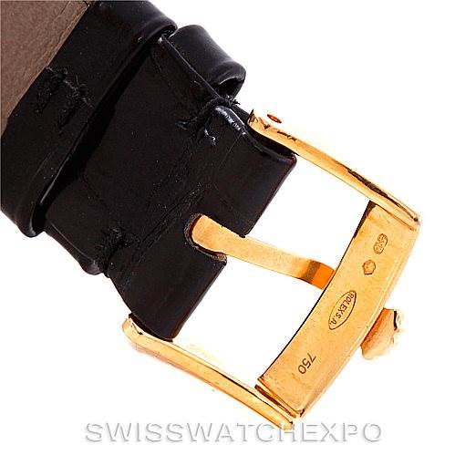 The image shows a close-up of the clasp and part of the leather strap of a Rolex Cellini 5116 Men's Yellow Gold Mother of Pearl Dial 5116 Men's Yellow Gold Mother of Pearl Dial watch.