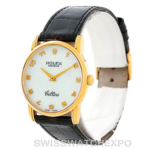 This Rolex Cellini 5116 Men's Yellow Gold Mother of Pearl Dial 5116 Men's Yellow Gold Mother of Pearl Dial watch is shown at a front right angle, displaying the face, case, and black leather strap.