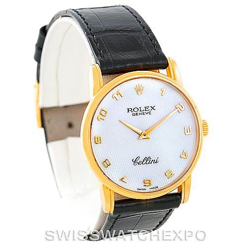 The image shows a Rolex Cellini 5116 Men's Yellow Gold Mother of Pearl Dial 5116 Men's Yellow Gold Mother of Pearl Dial watch from a front angle, highlighting its face, leather strap, and gold casing.