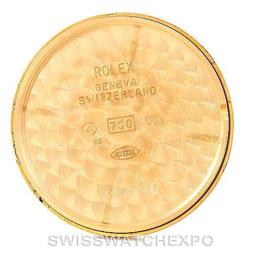 The image displays the inner case back of a Rolex Cellini 5116 Men's Yellow Gold Mother of Pearl Dial 5116 Men's Yellow Gold Mother of Pearl Dial watch, showing its engravings and gold hallmark.