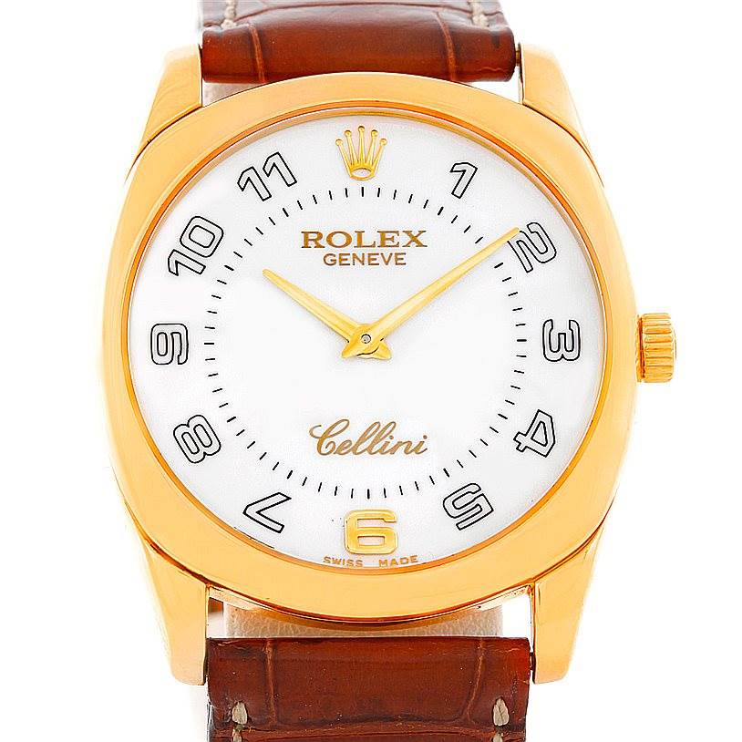 The image shows a front view of a Rolex Cellini 4233 Men's Yellow Gold White Dial 4233 Men's Yellow Gold White Dial watch, featuring its dial, hands, crown, and leather strap.