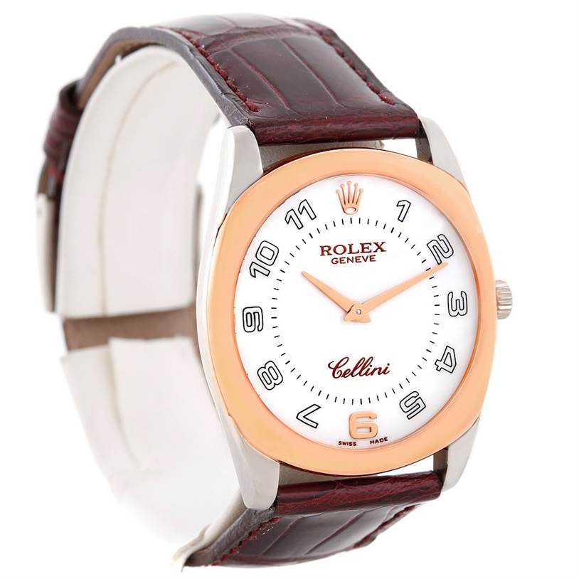 This Rolex Cellini 4233 Men's White Gold White Dial 4233 Men's White Gold White Dial watch is shown from a front angle, displaying the dial, bezel, and leather strap.